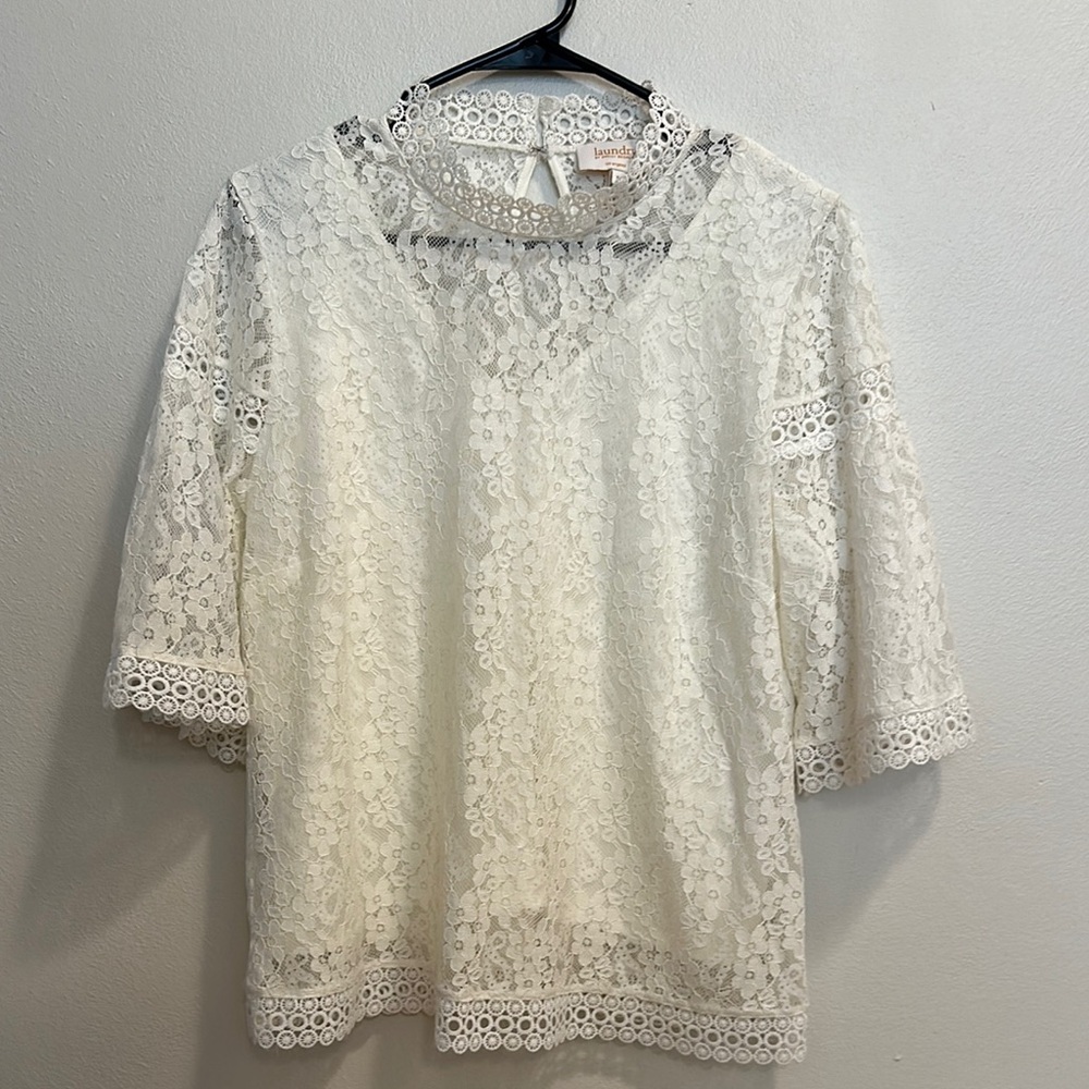 Laundry By Shelli Segal White Lace 3/4 Sleeve Blouse